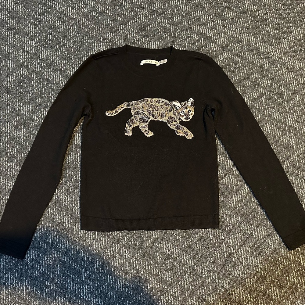 Alice + Olivia wool black sweater with beaded leopard size XS